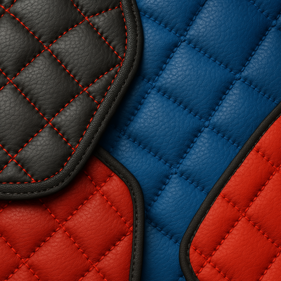 Blue quilted automotive floor mats on a dark background